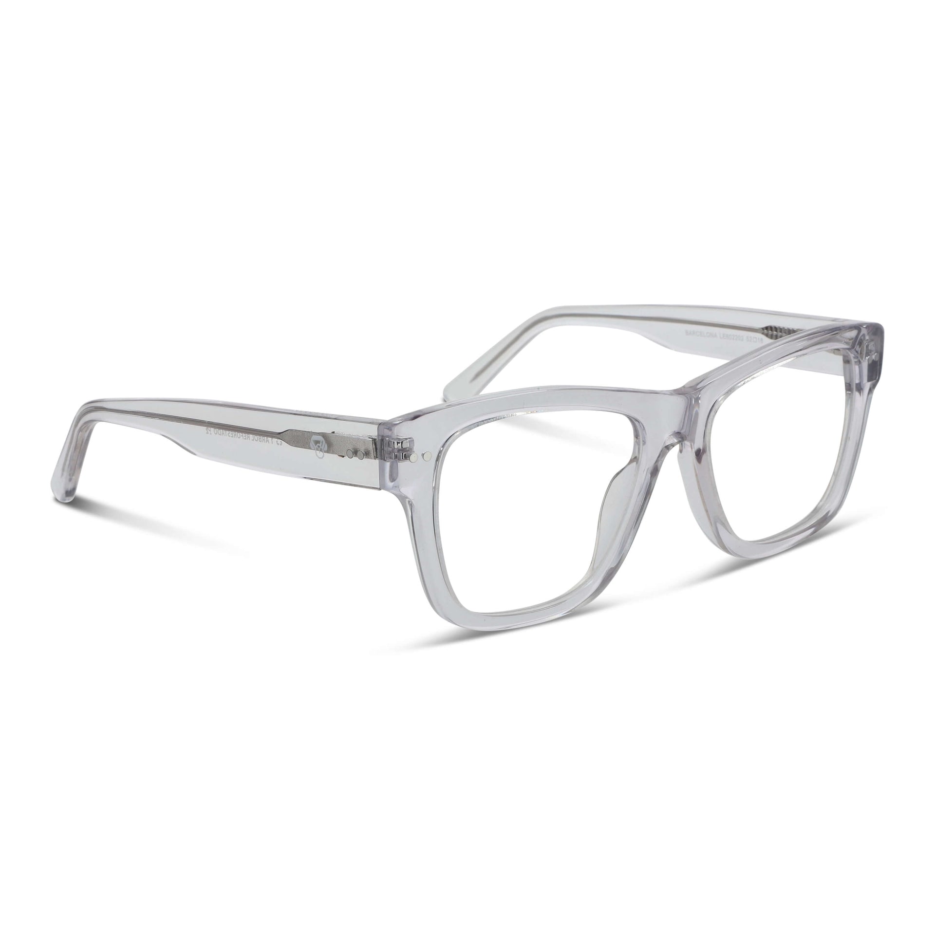 vista lateral o angulada de unos anteojos o marcos ópticos para hombre y mujer de moda de color transparente#color_transparente