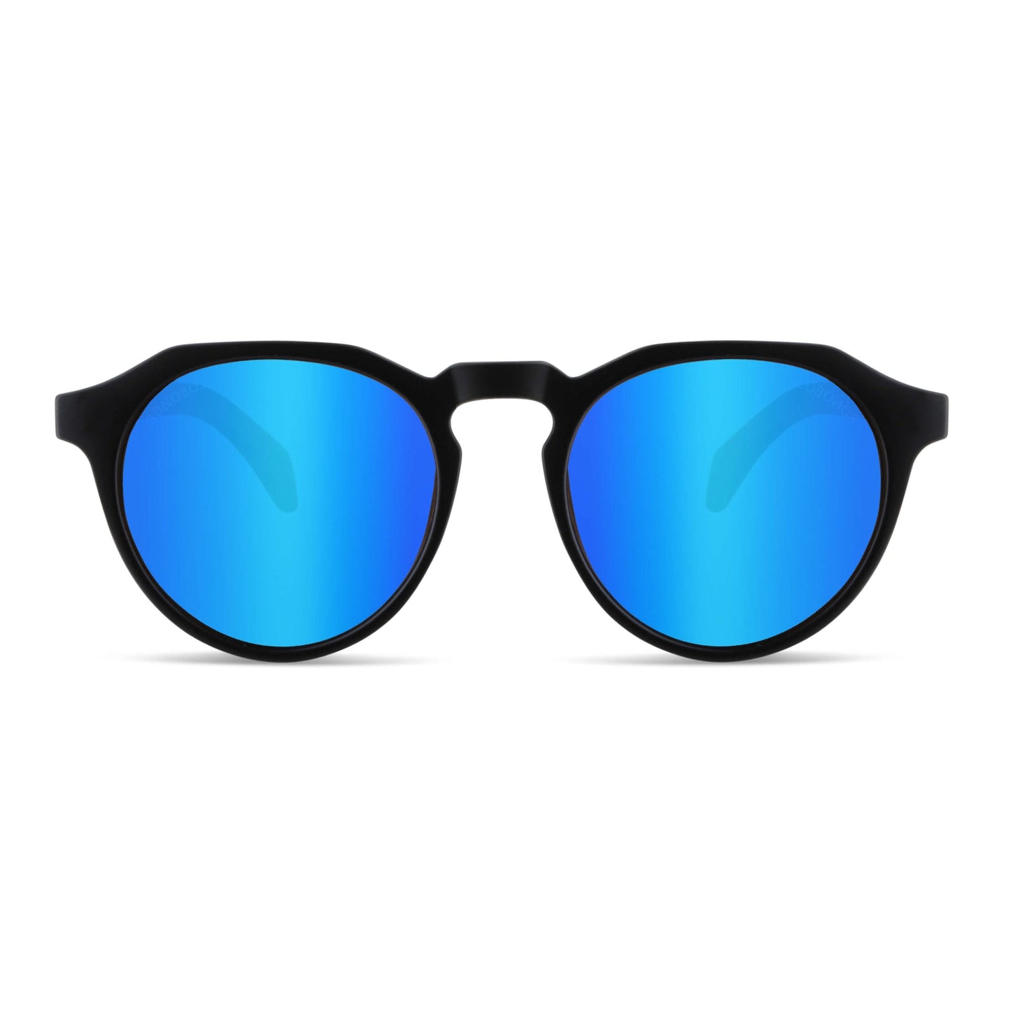 anteojos de sol hexagonales polarizados con patas de madera de hombre y mujer. vista frontal de gafas polarizadas de color negro matte con lentes de color espejado azul #color-marco_negro