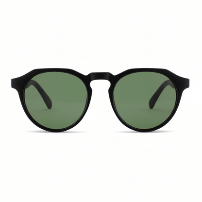 anteojos de sol hexagonales polarizados con patas de madera de hombre y mujer. vista frontal de gafas polarizadas de color negro matte con lentes de color g15 #color-marco_negro