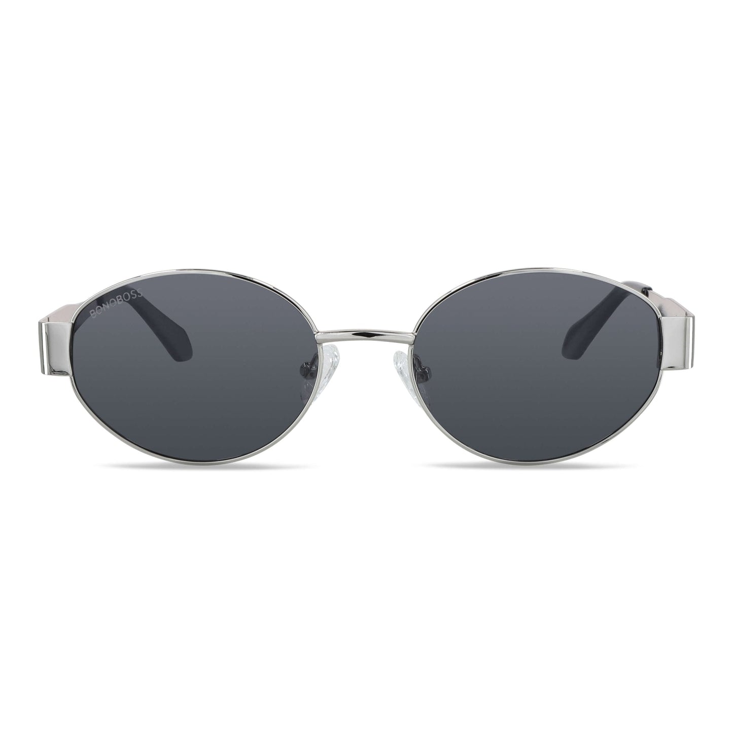 vista frontal de lentes de sol de metal de moda redondos para mujer de color #color_silver