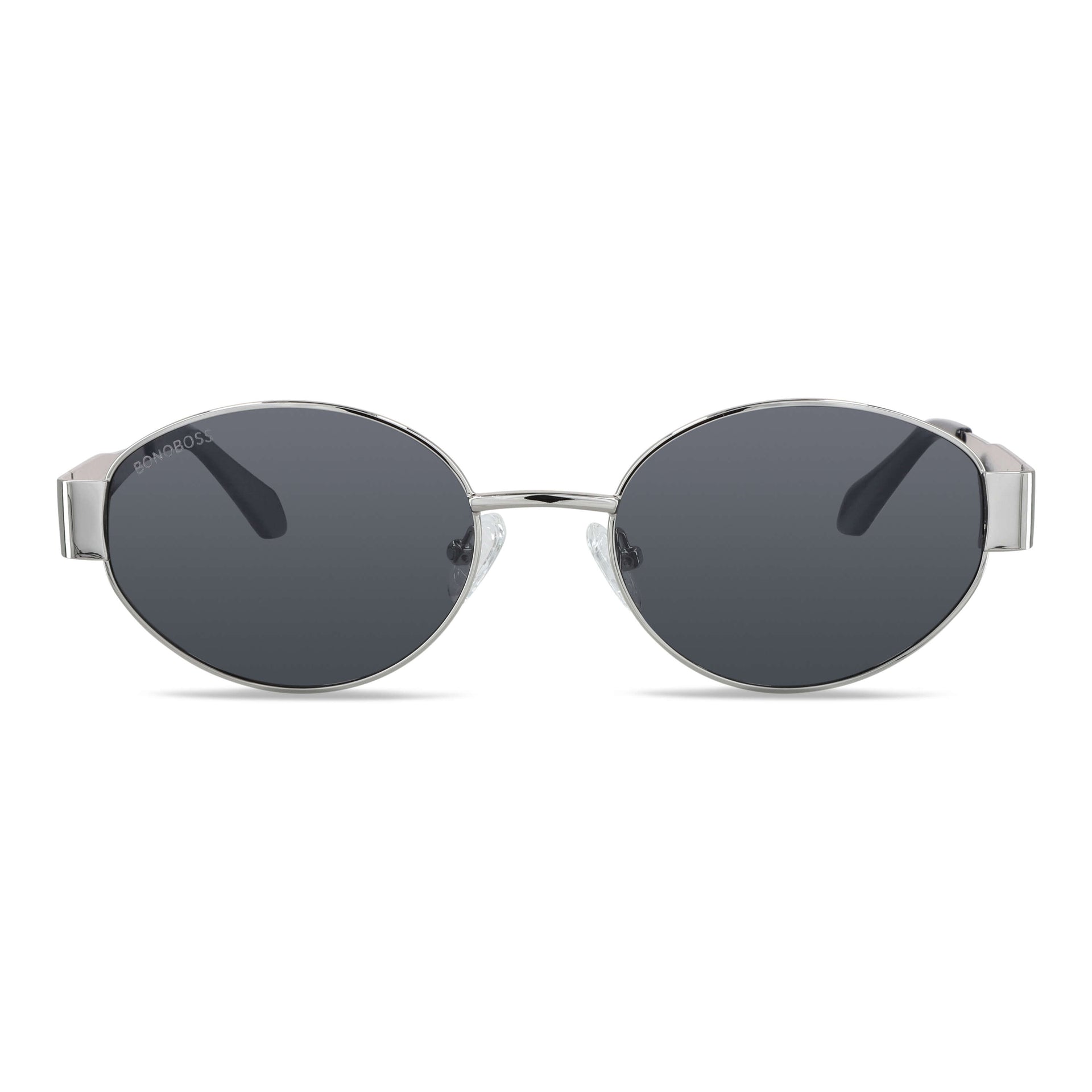 vista frontal de lentes de sol de metal de moda redondos para mujer de color #color_silver