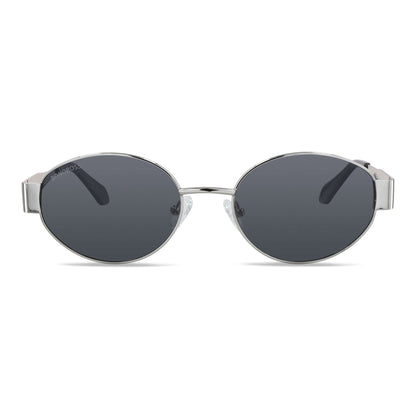 vista frontal de lentes de sol de metal de moda redondos para mujer de color #color_silver