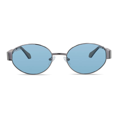 vista frontal de lentes de sol de metal de moda redondos para mujer de color #color_blue