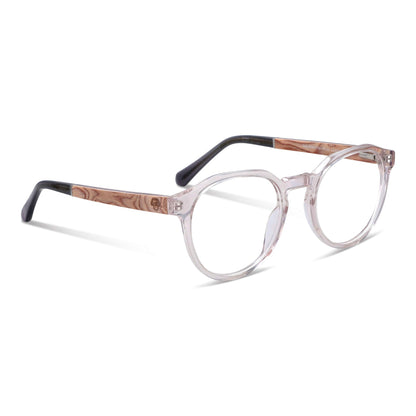 anteojos armazones ópticos acetato reciclado plastico pata de madera natural para hombre y mujer de cara ovalada grande moda sustentable #color_transparente