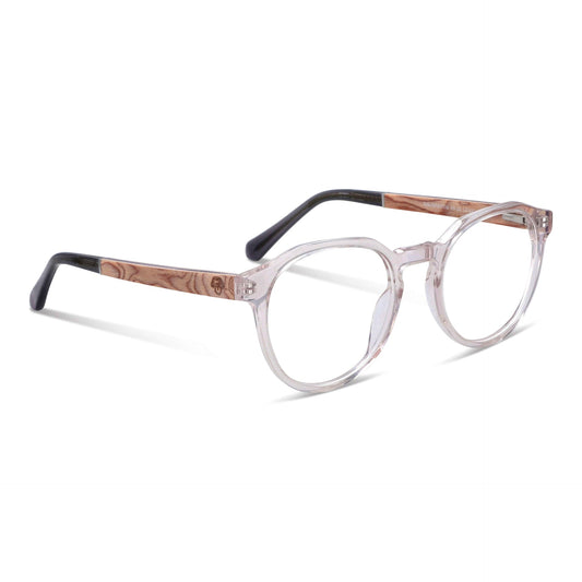 anteojos armazones ópticos acetato reciclado plastico pata de madera natural para hombre y mujer de cara ovalada grande moda sustentable #color_transparente