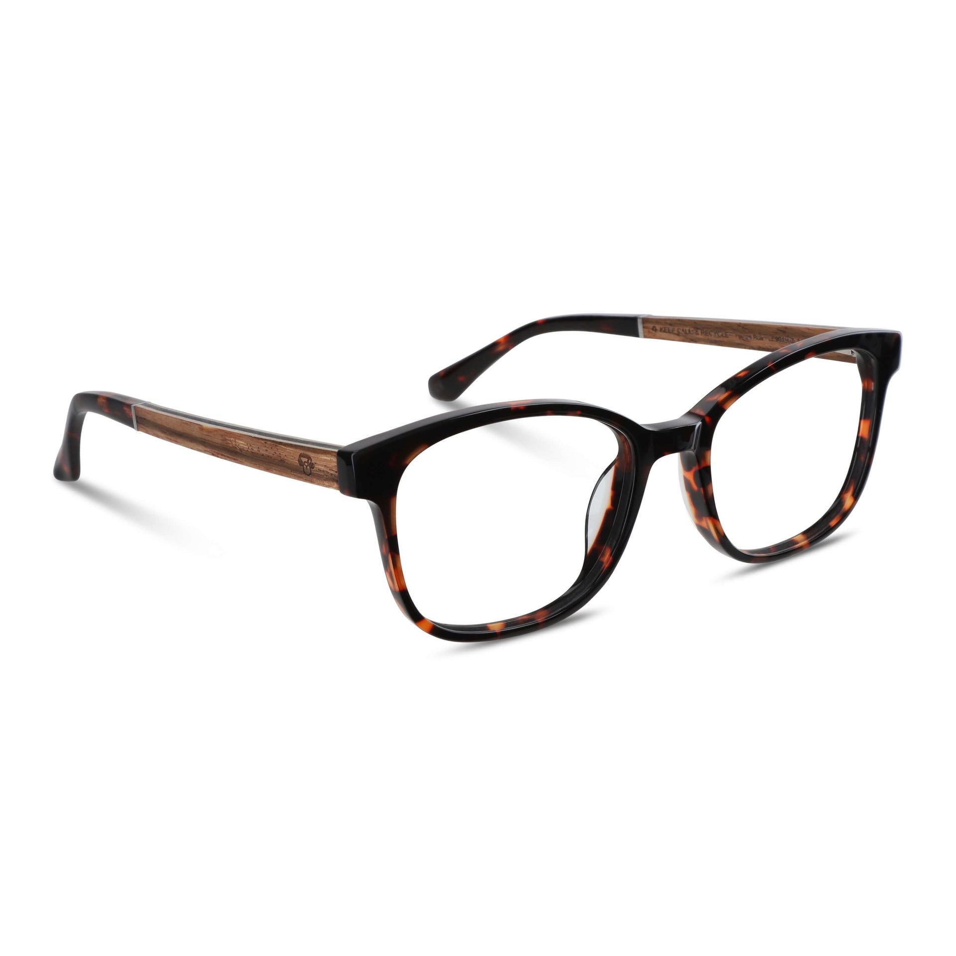 armazones opticos agatados color carey con patas de madera reciclada sustentable para hombre y mujer de cara redonda grande. Vista lateral angulada #color_carey