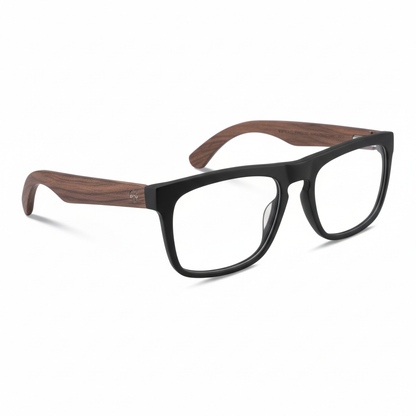 Anteojos ópticos marco cristal negro mate con varillas de madera de nogal - diseño wayfarer holbrook unisex sustentable Bonoboss Chile #color_negro