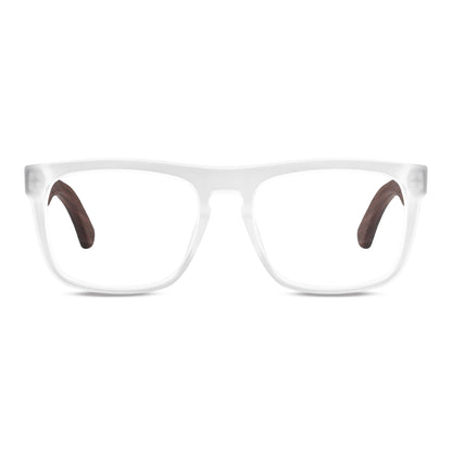 Anteojos ópticos marco cristal transparente mate con varillas de madera de nogal - diseño wayfarer holbrook unisex sustentable Bonoboss Chile #color_transparente