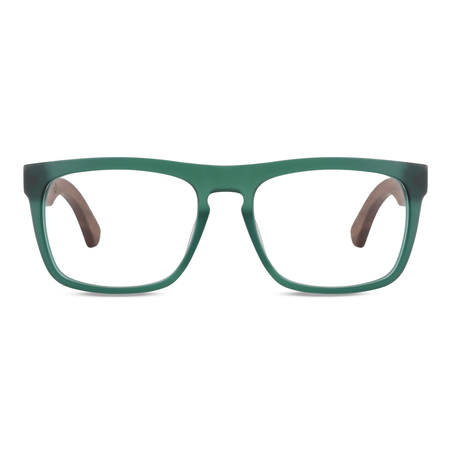 Anteojos ópticos marco cristal verde mate con varillas de madera de nogal - diseño wayfarer holbrook unisex sustentable Bonoboss Chile #color_verde