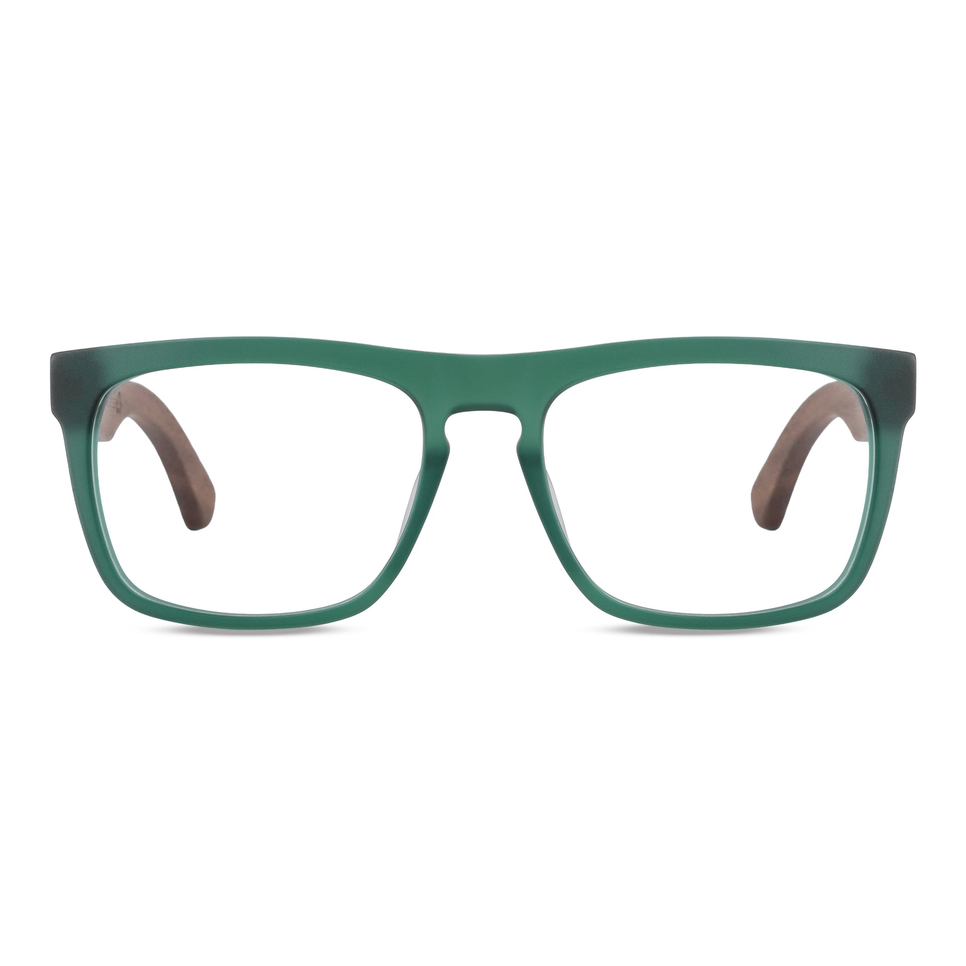 Anteojos ópticos marco cristal verde mate con varillas de madera de nogal - diseño wayfarer holbrook unisex sustentable Bonoboss Chile #color_verde