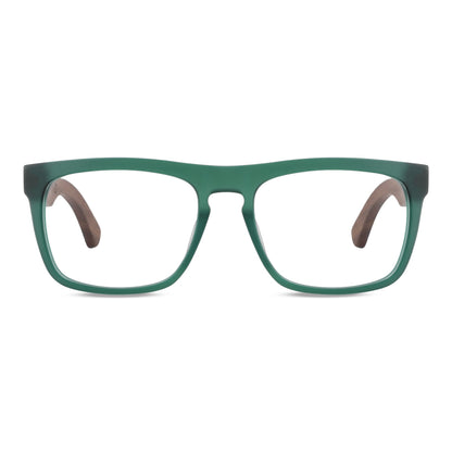 Anteojos ópticos marco cristal verde mate con varillas de madera de nogal - diseño wayfarer holbrook unisex sustentable Bonoboss Chile #color_verde