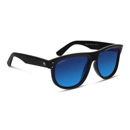 anteojos de sol polarizados reverse rayban moda hombre y mujer sustentable plastico reciclado vista angular negro con lentes espejados azules #color_espejado-azul