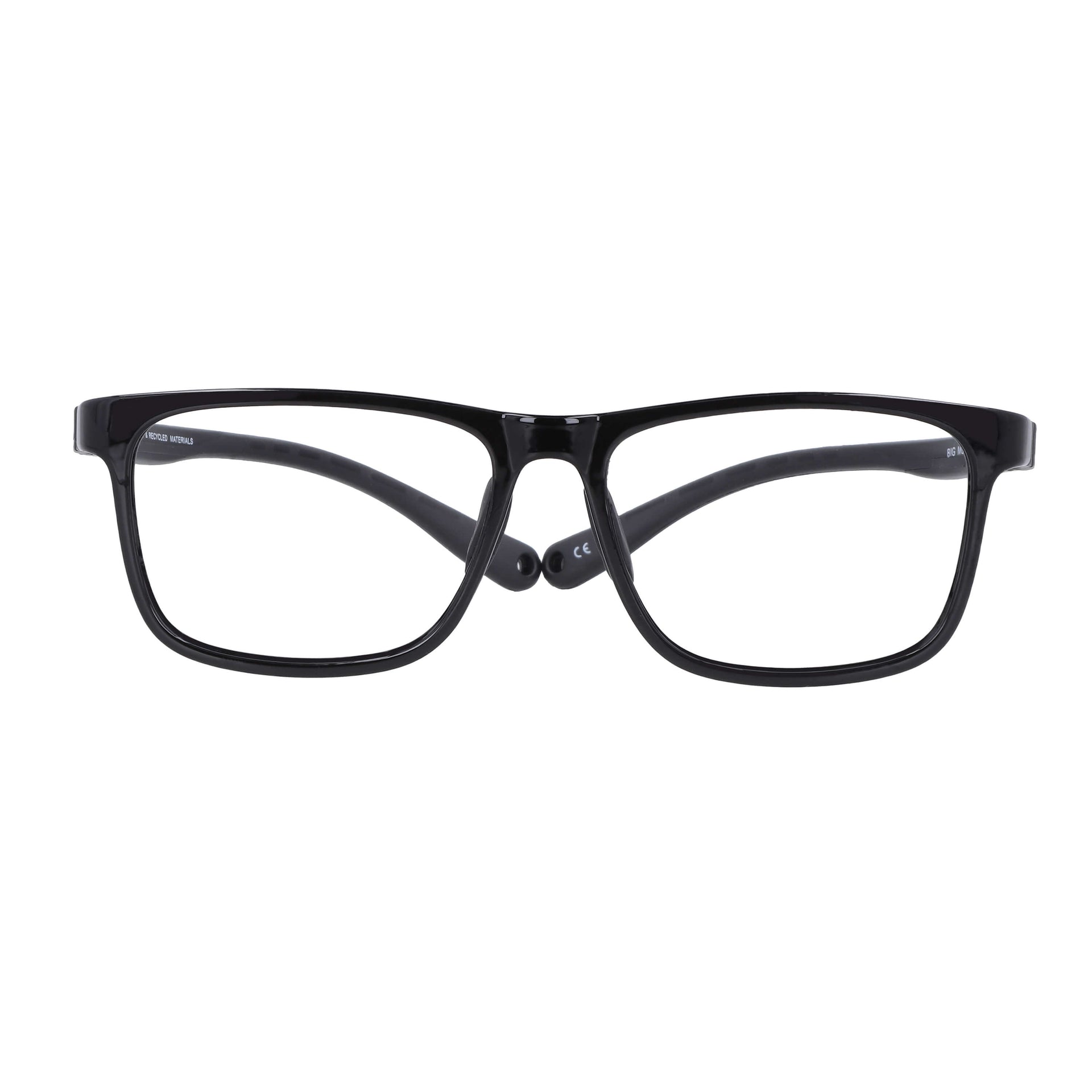 Vista frontal de un anteojo óptico o armazon para niños y niñas de forma rectangular con puente prominente de color negro #color_negro