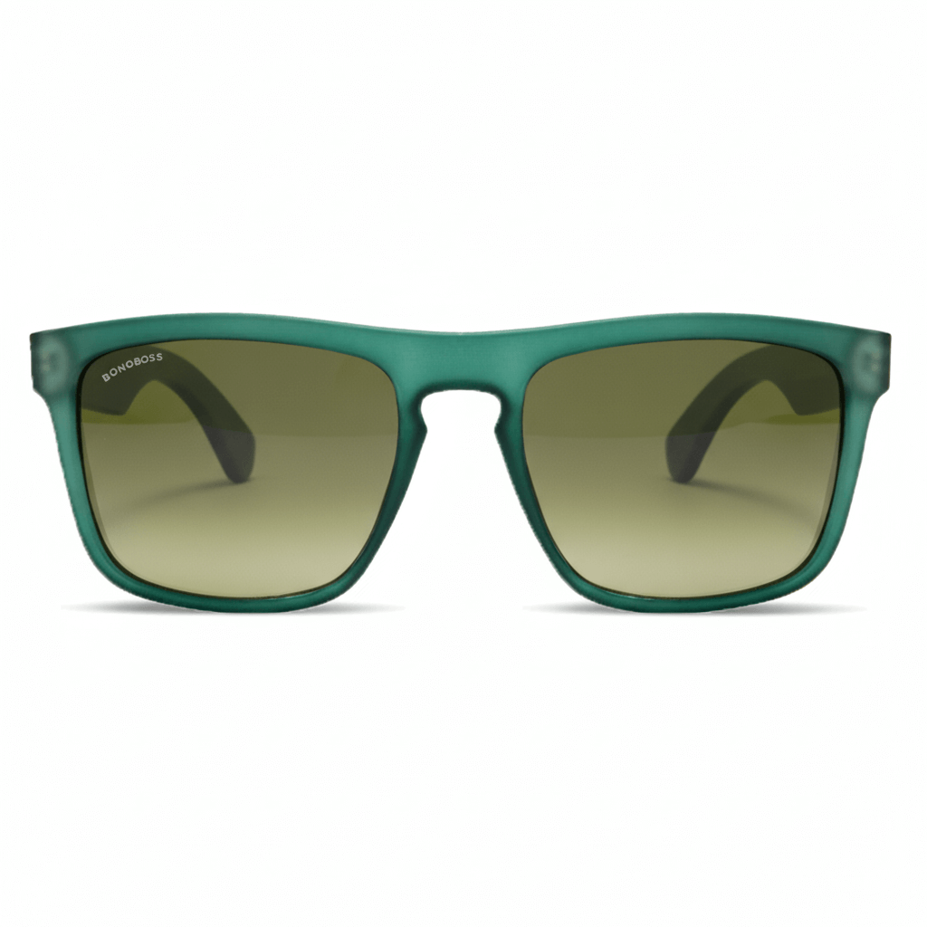 una vista frontal de anteojos gafas de sol rectangulares ecologicas de plastico reciclado especial para regalo corporativo personalizado de color verde blanco con lentes degrade verde en vista frontal #color-marco_forest