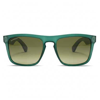 una vista frontal de anteojos gafas de sol rectangulares ecologicas de plastico reciclado especial para regalo corporativo personalizado de color verde blanco con lentes degrade verde en vista frontal #color-marco_forest