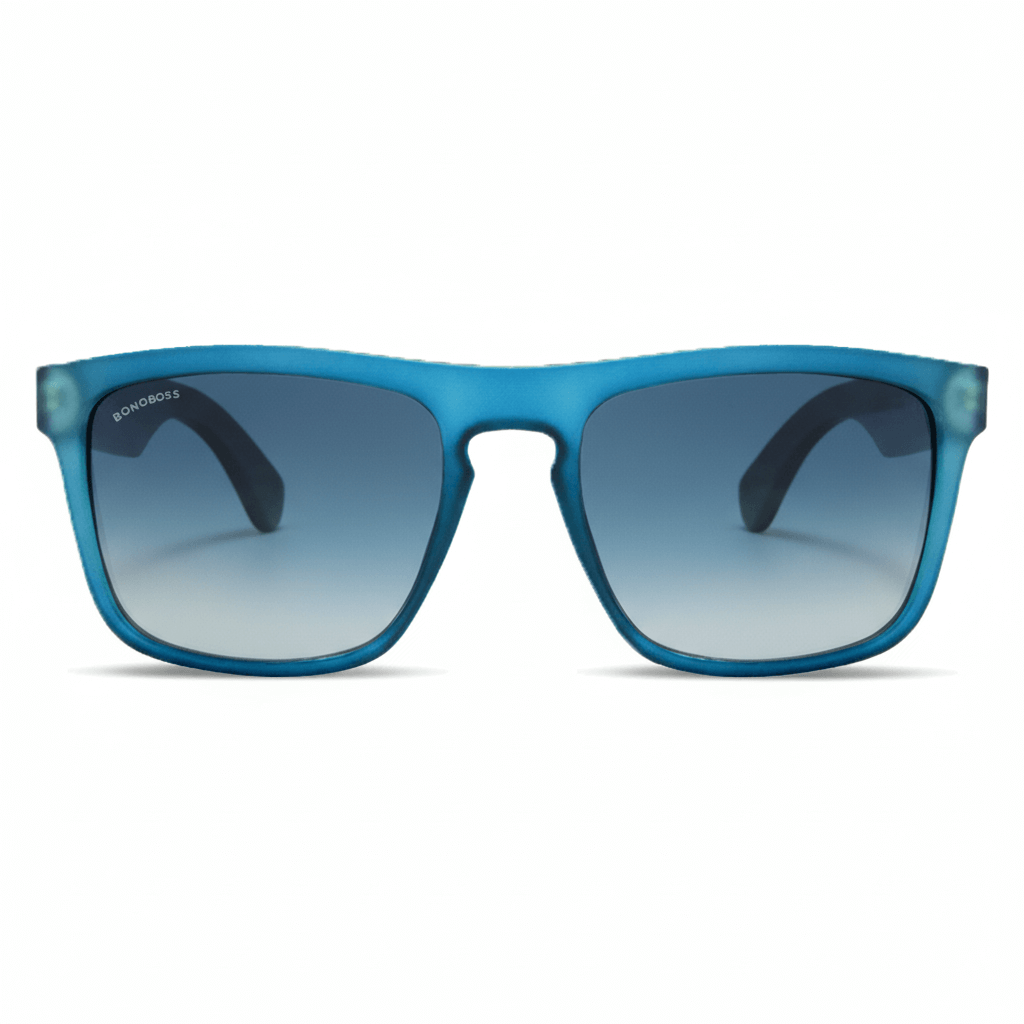 una vista frontal de anteojos gafas de sol rectangulares ecologicas de plastico reciclado especial para regalo corporativo personalizado de color azul ocean con lentes degrade azules en vista frontal #color-marco_ocean