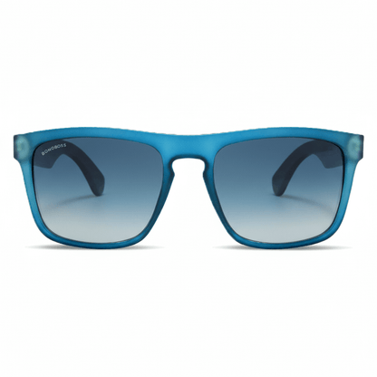 una vista frontal de anteojos gafas de sol rectangulares ecologicas de plastico reciclado especial para regalo corporativo personalizado de color azul ocean con lentes degrade azules en vista frontal #color-marco_ocean