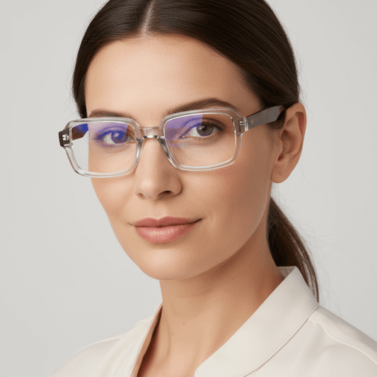 la vista lateral de una mujer usando armazones opticos bonoboss de forma rectangular de color transparente #color_crystal-carey