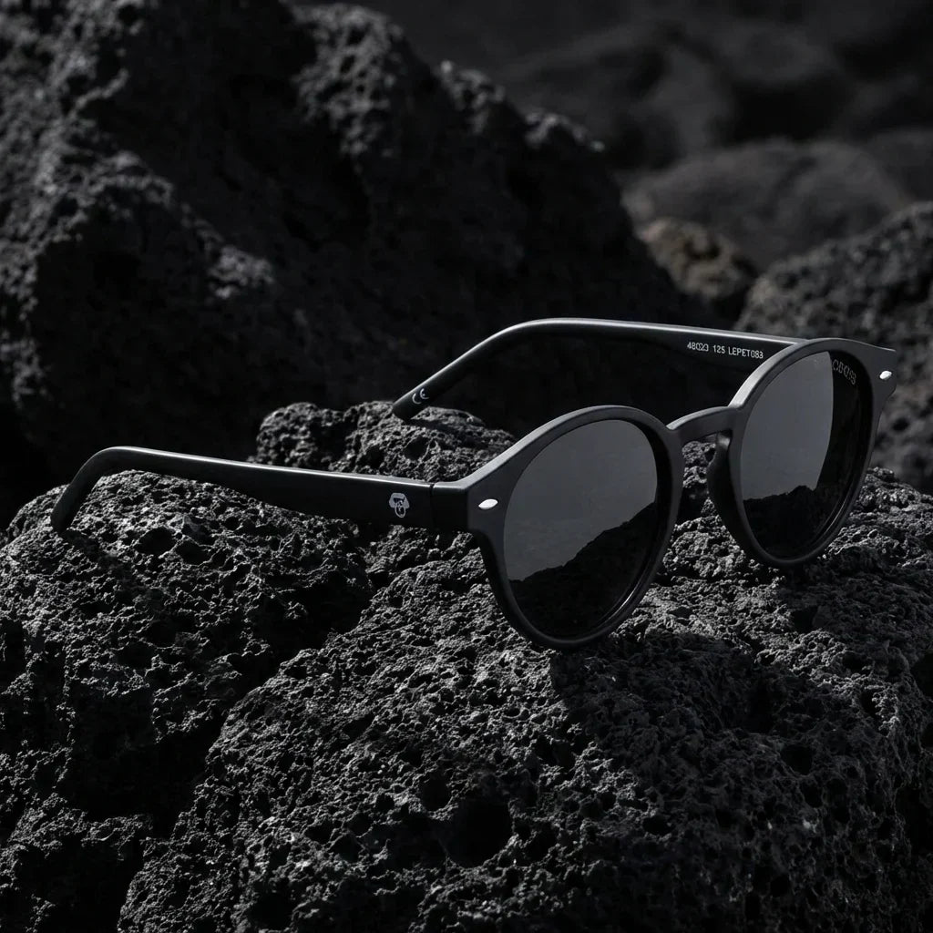Lentes sol Joplin RPET polarizados UV400 sobre roca volcanica textura natural Bonoboss #color_negro