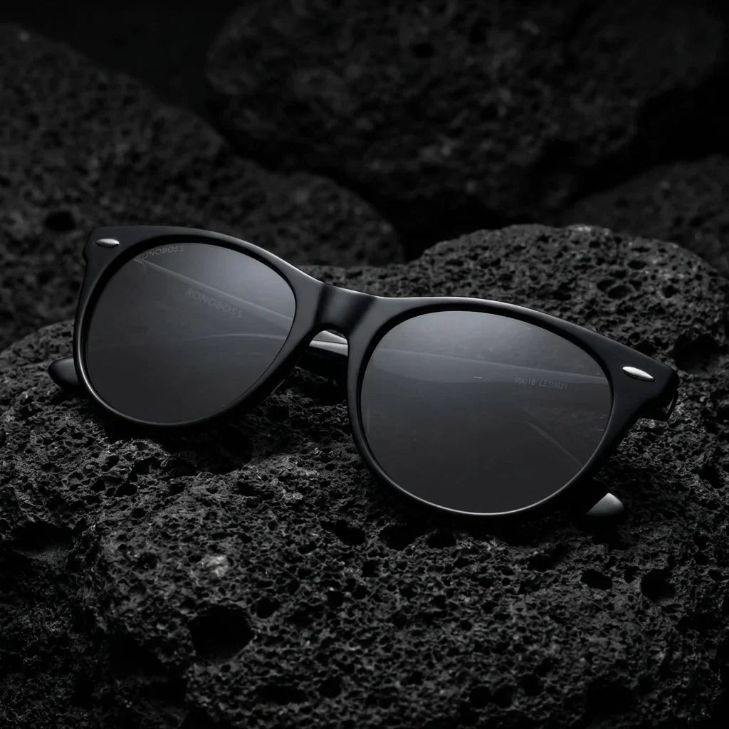 Lentes sol Hanga Roa polarizados UV400 sobre roca volcanica textura natural Bonoboss #editorial_detail2 #color_negro