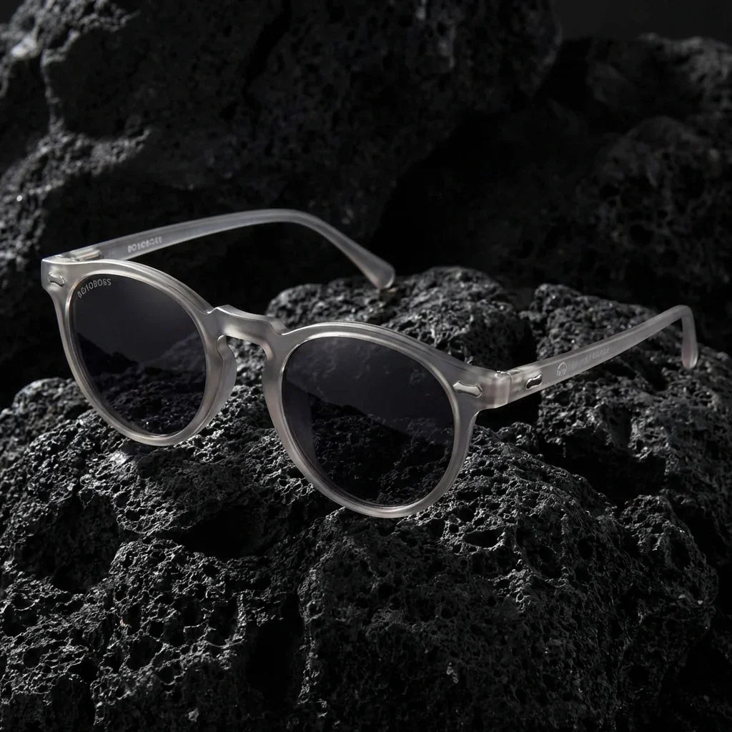 Lentes sol Temuco RPET polarizados UV400 sobre roca volcanica textura natural Bonoboss #color_gris