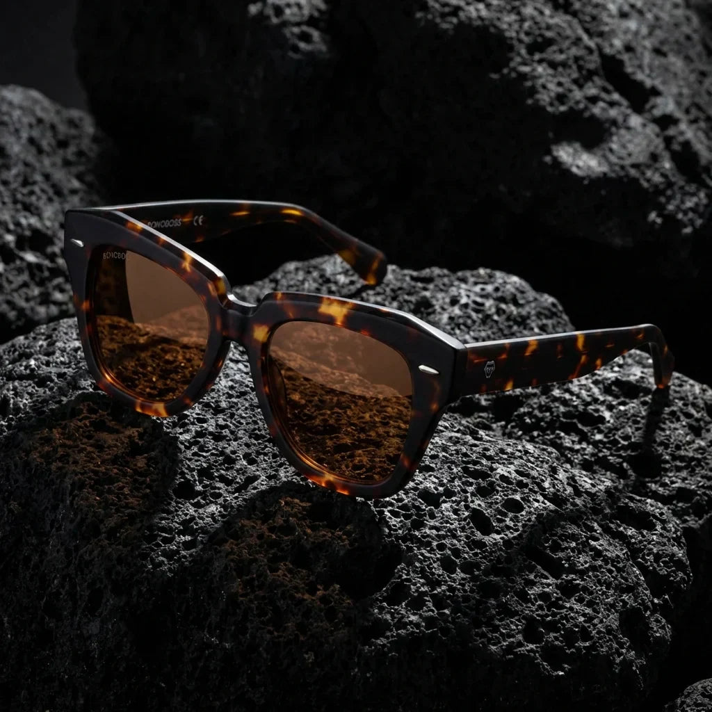 Lentes sol Selkie Vintage polarizados UV400 sobre roca volcanica textura natural Bonoboss #color_carey