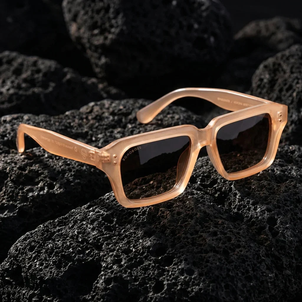 Lentes sol Verona polarizados UV400 sobre roca volcanica textura natural Bonoboss #color_champagne