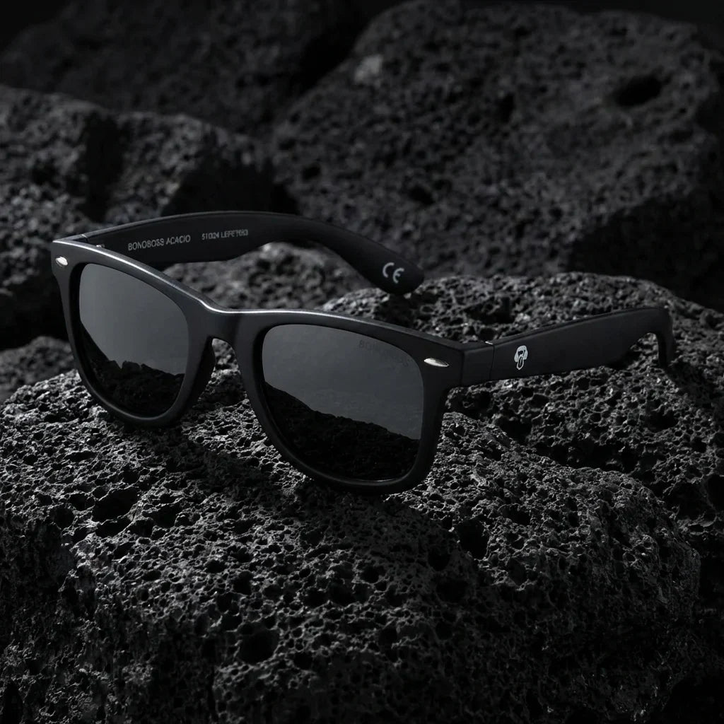 Lentes sol Acacio RPET polarizados UV400 sobre roca volcanica textura natural Bonoboss #color_negro