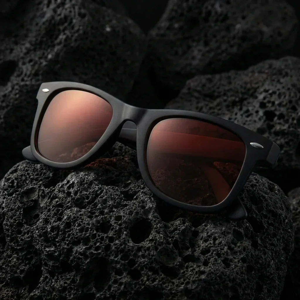 Lentes sol Acacio RPET polarizados UV400 sobre roca volcanica textura natural Bonoboss #color_rojo