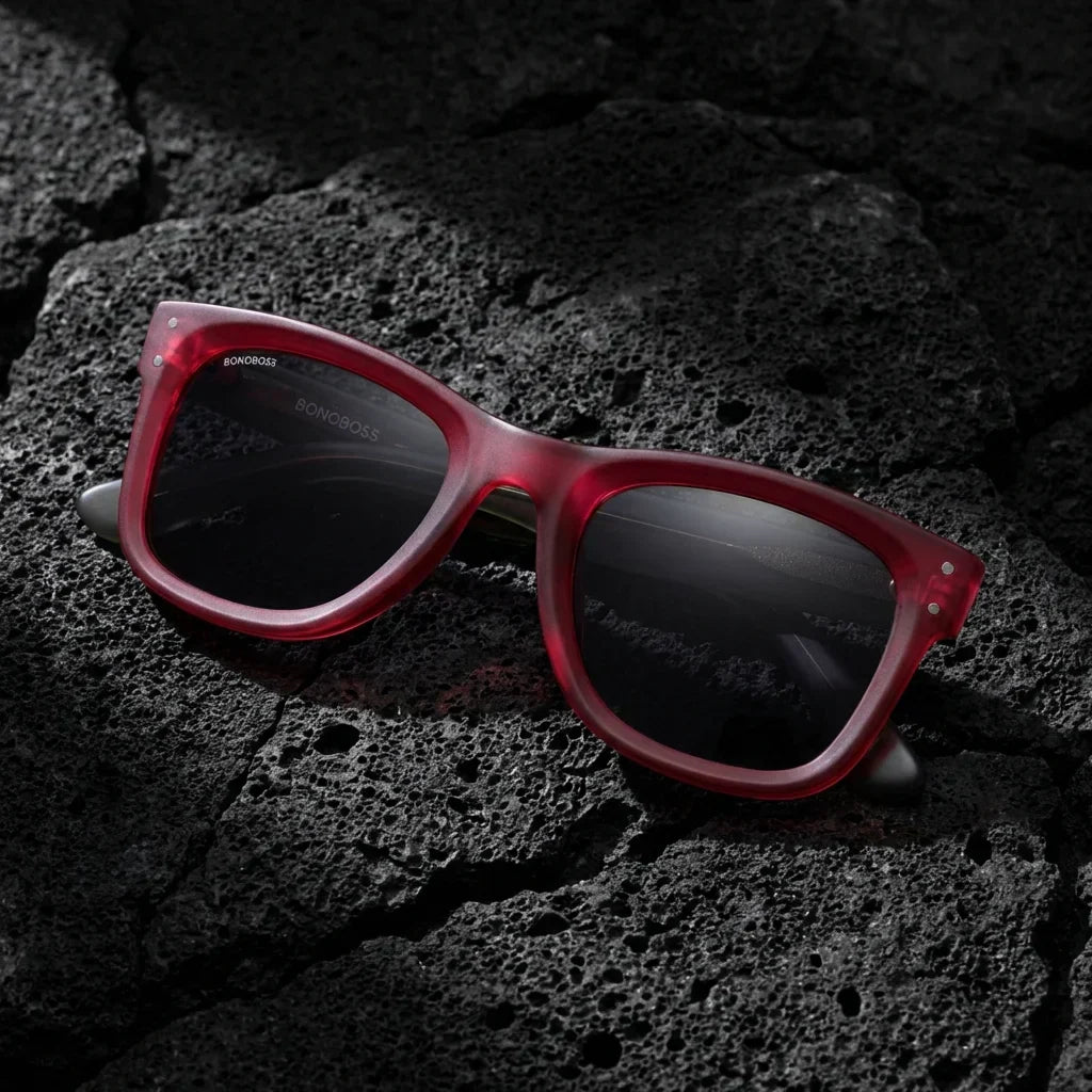 Lentes sol Acacia Reverse polarizados UV400 sobre roca volcanica textura natural Bonoboss #color_rosado