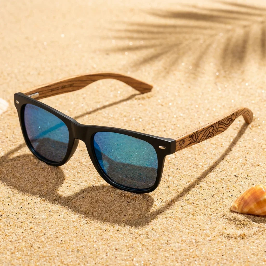 Lentes sol Acacia Designers polarizados UV400 waves sky sobre arena dorada textura natural costa Bonoboss #editorial_grid1 #color_waves-sky