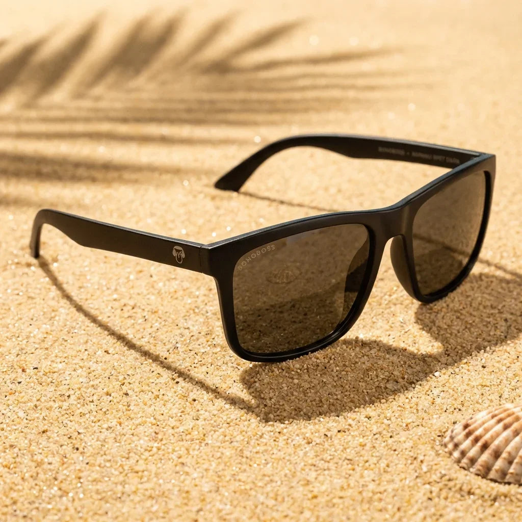 Lentes sol Rapanui RPET polarizados UV400 sobre arena dorada costa textura natural Bonoboss #color_dark