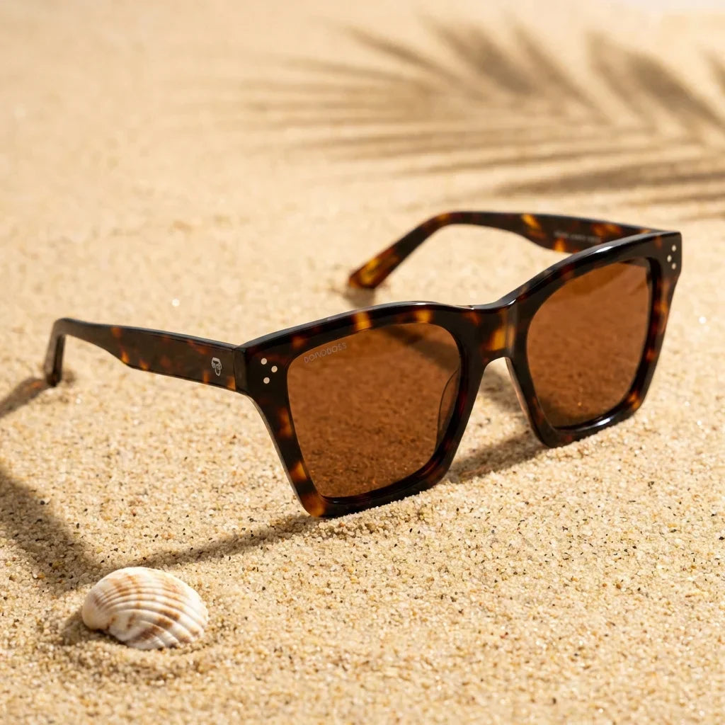 Lentes sol Bruna Retro Polarizado UV400 carey sobre arena dorada textura natural costa Bonoboss #editorial_grid1 #color_carey