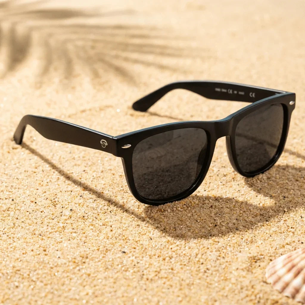 Lentes sol Acacia XL polarizados UV400 sobre arena dorada costa textura natural Bonoboss #color_negro