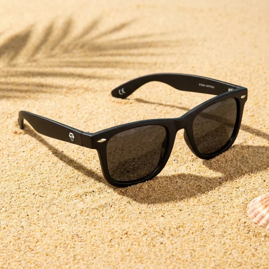 Lentes sol Acacio RPET polarizados UV400 sobre arena dorada costa textura natural Bonoboss #color_negro