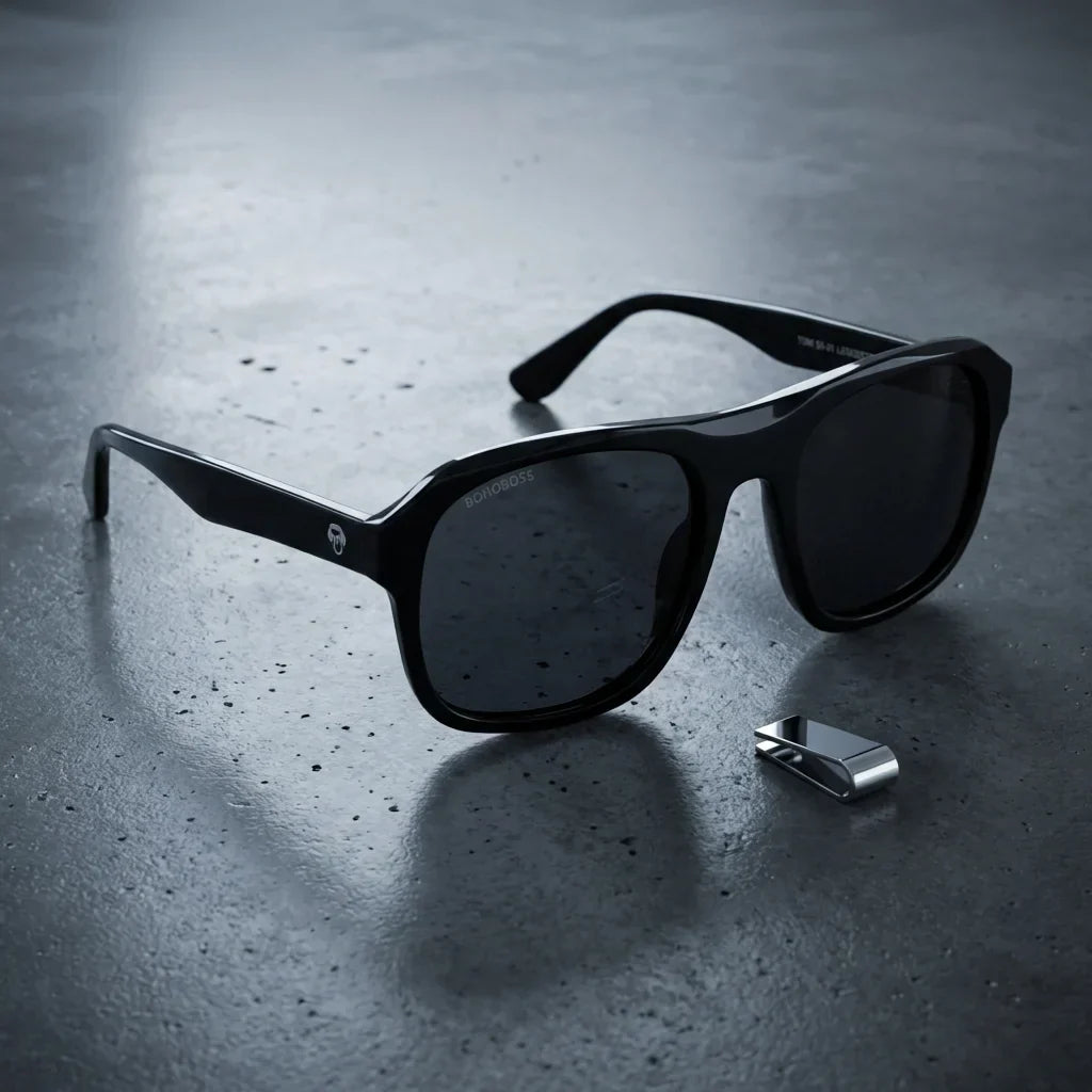 Lentes sol Tom polarizados UV400 sobre concreto urbano textura industrial Bonoboss #color_negro