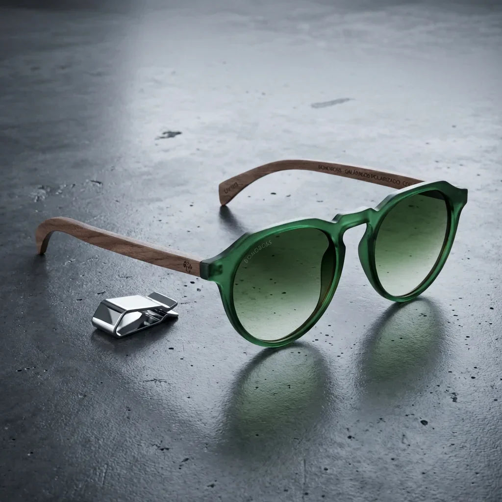 Lentes sol Galapagos polarizados UV400 acetato madera verde sobre concreto urbano textura industrial Bonoboss #editorial_grid1 #color_verde