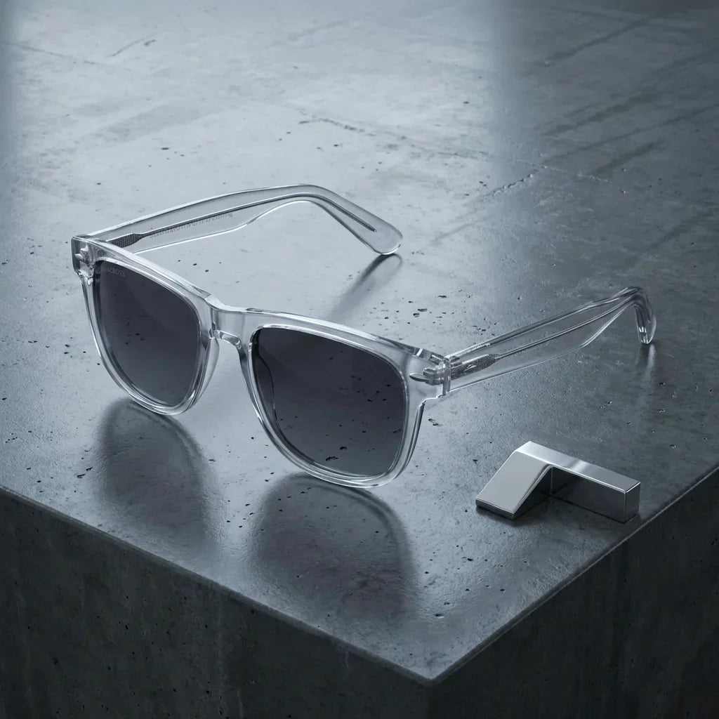 Lentes sol Acacia XL polarizados UV400 sobre concreto urbano textura industrial Bonoboss #color_transparente