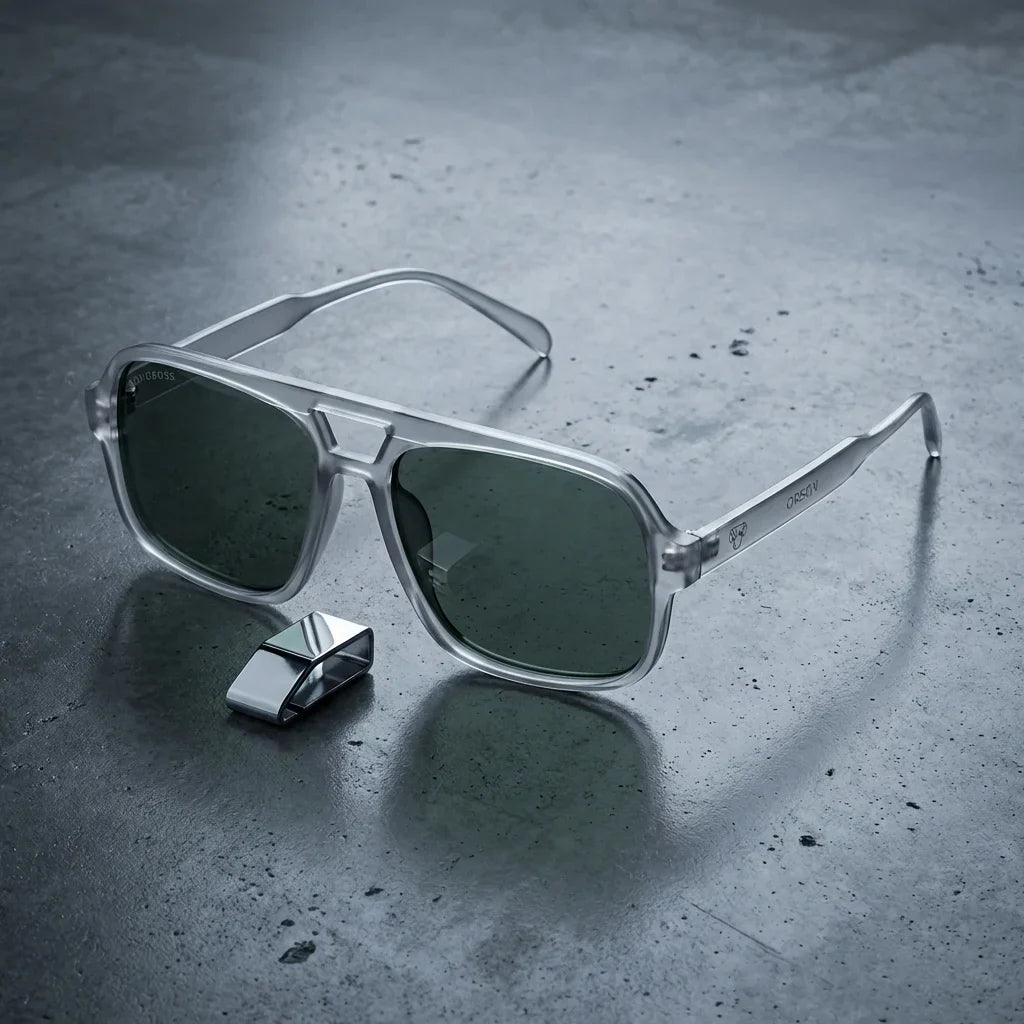 Lentes sol Orson RPET polarizados UV400 sobre concreto urbano textura industrial Bonoboss #color_transparente