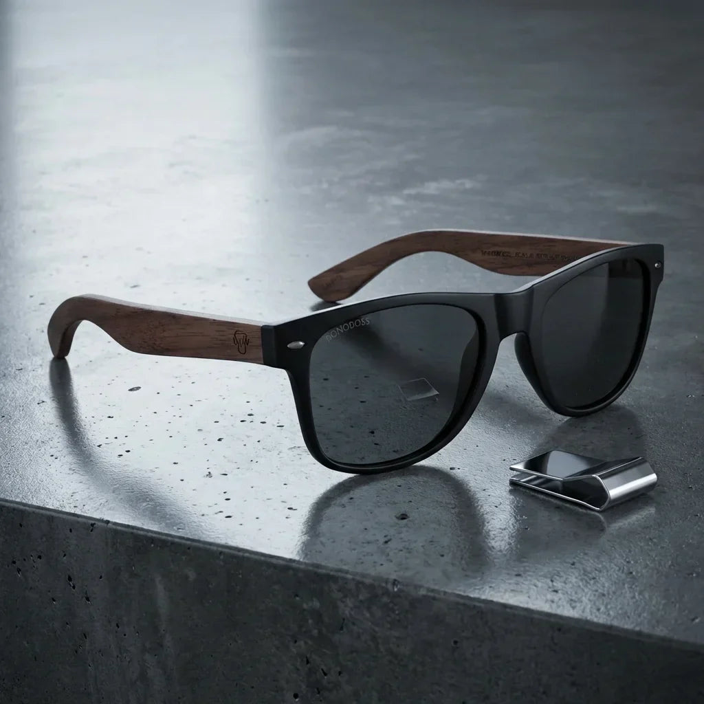 Lentes sol Acacia Nogal polarizados UV400 sobre concreto urbano textura industrial Bonoboss #color_smoke