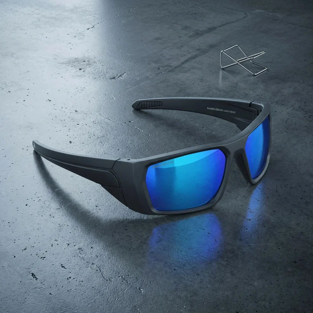 Lentes sol Salmon Seeker polarizados UV400 sobre concreto urbano textura industrial Bonoboss #color_sky