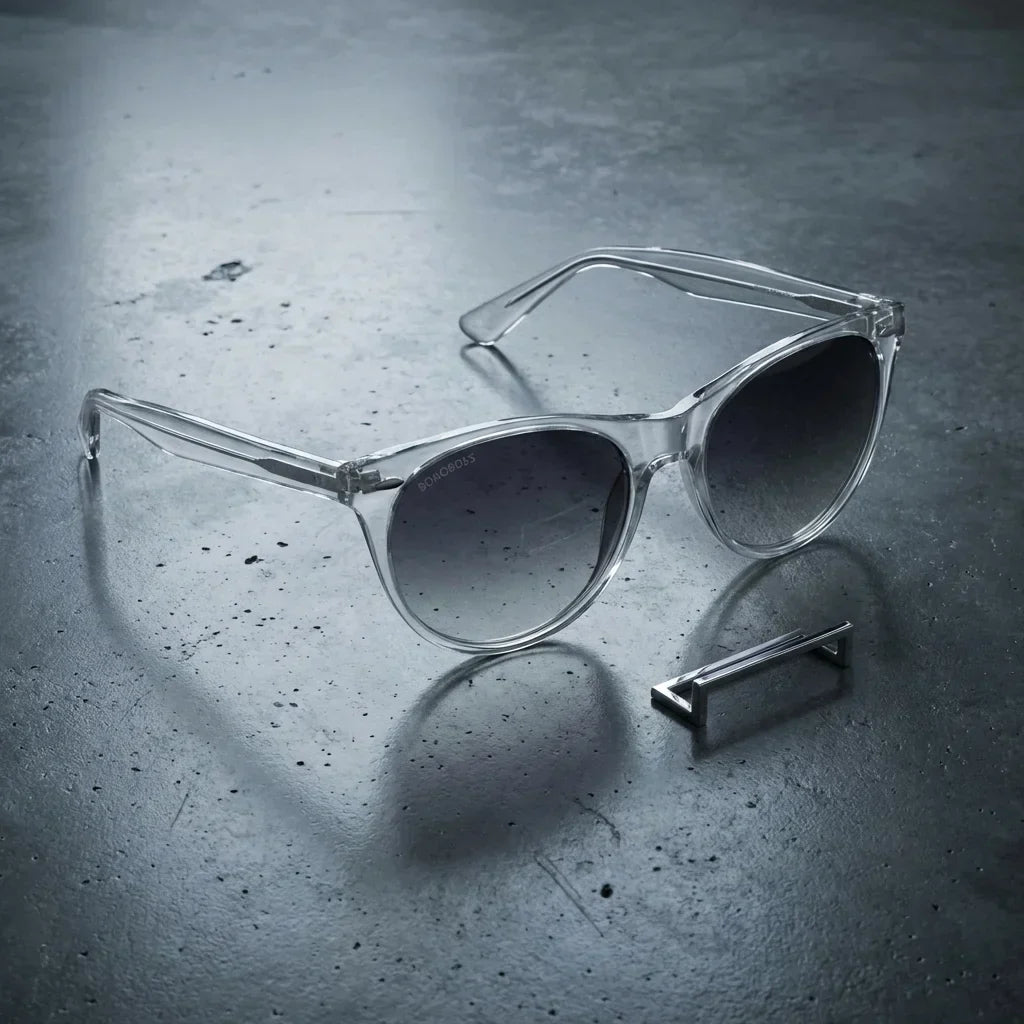 Lentes sol Hanga Roa polarizados UV400 sobre concreto urbano textura industrial Bonoboss #color_transparente