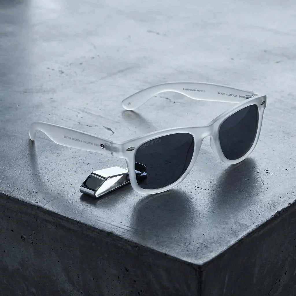 Lentes sol Acacio RPET polarizados UV400 sobre concreto urbano textura industrial Bonoboss #color_transparente