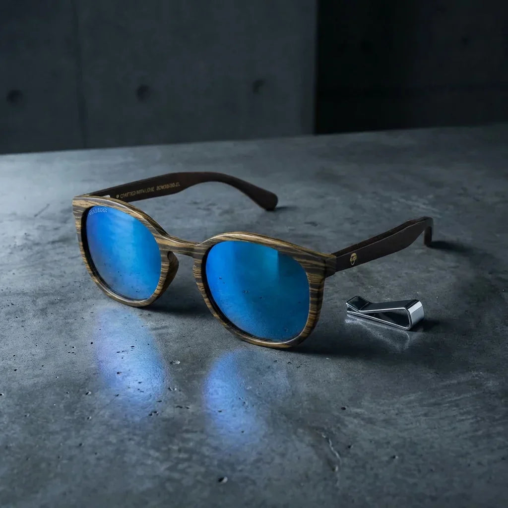 Lentes sol Meli Ebony polarizados UV400 sobre concreto urbano textura industrial Bonoboss #color_espejado-azul