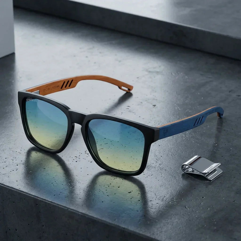 Lentes sol Waimea polarizados UV400 sobre concreto urbano textura industrial Bonoboss #color_degrade-azul