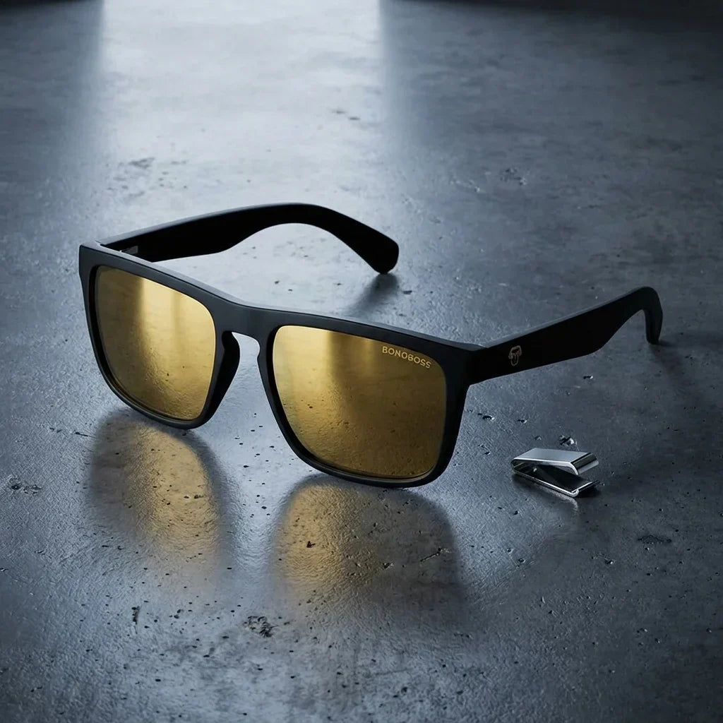 Vista frontal Lautaro Dark lentes de sol madera color espejado dorado #color_espejado-dorado