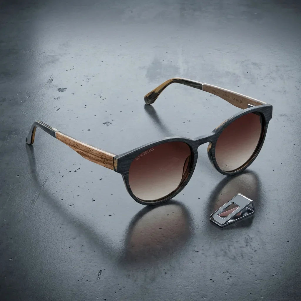 Lentes sol Chiloé 110 Wood polarizados UV400 sobre concreto urbano textura industrial Bonoboss #color_brown