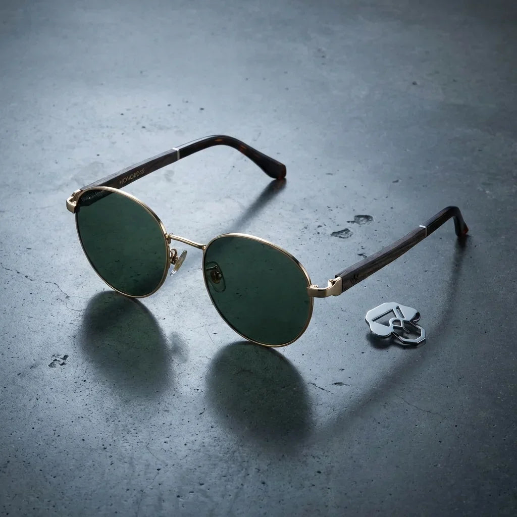 Lentes sol Harry Gold polarizados UV400 sobre concreto urbano textura industrial Bonoboss #color_g15