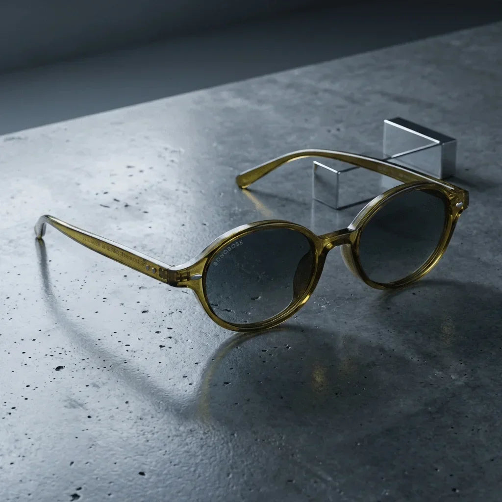 Lentes sol Capri polarizados UV400 sobre concreto urbano textura industrial Bonoboss #color_olive-light