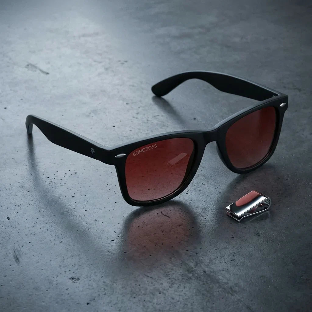 Lentes sol Acacio RPET polarizados UV400 sobre concreto urbano textura industrial Bonoboss #color_rojo